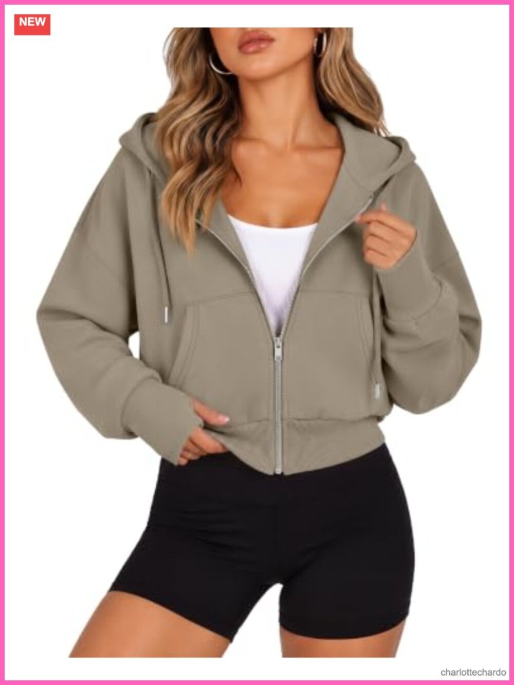 Women's Cropped Zip Up Hoodie Thumb Hole Long Sleeve Casual Jacket